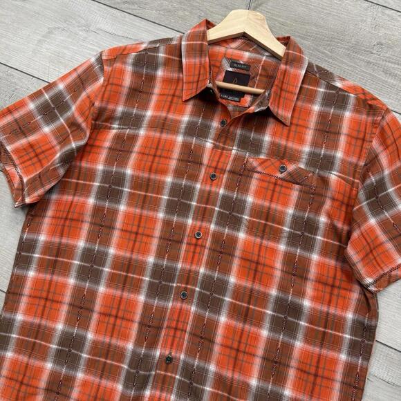Prana Slim Fit Plaid Shirt Men Sz XL Red Brown Short Sleeve Outdoor Western Golf - Picture 4 of 9